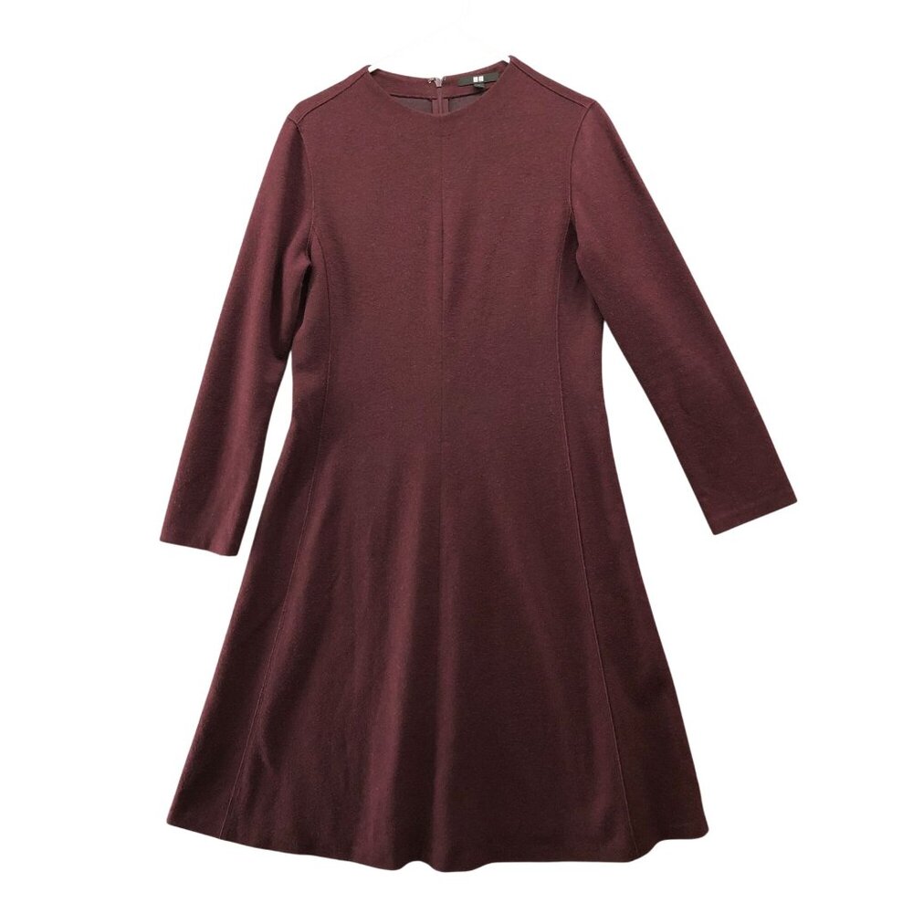 Uniqlo Wool Blend Long Sleeve Midi Dress Size L Burgundy A-Line Minimalist